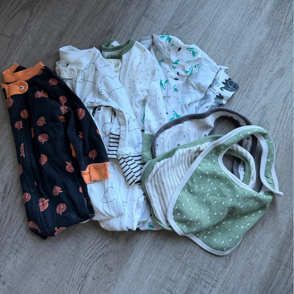 Baby Mixed Set of 9 Items Navy, Orange Outfits & Matching Bibs